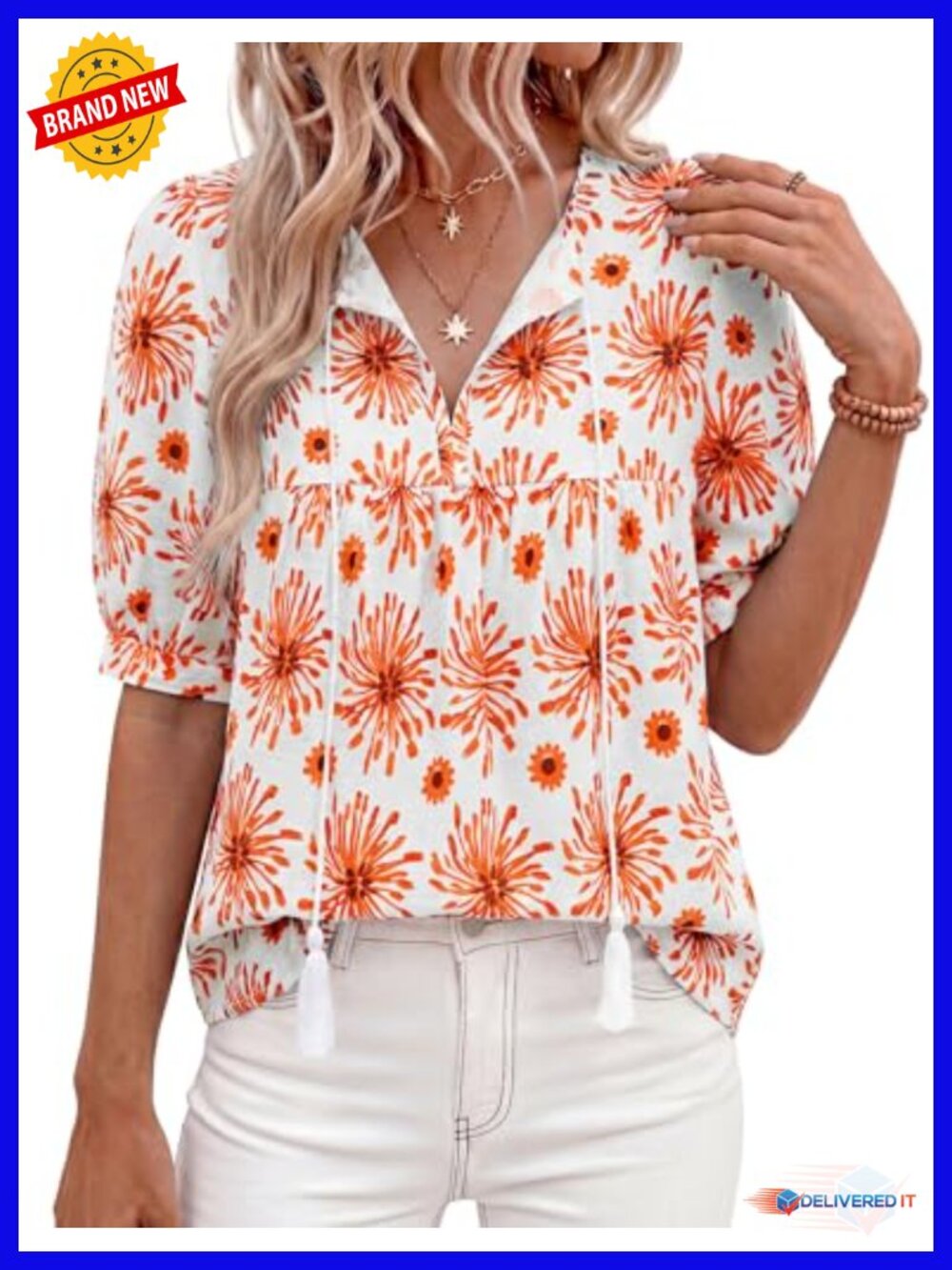 Womens Boho Blouse V-Neck Tie Front Puff Sleeve Summer Party Top